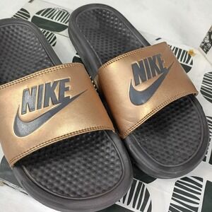 Nike Benassi JDI Metallic Bronze Black Slide Sandals 343881-900 Womens Size 8